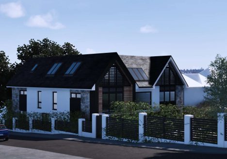 Corner view of a self-build property in Chigwell, Essex with gabled roofs, stone cladding, and large glazing